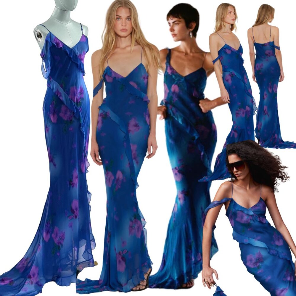 🆕 RAT & BOA 🧿 NWOT Sorrento Chiffon Maxi Dress with Train, Blue Floral - Sz XL